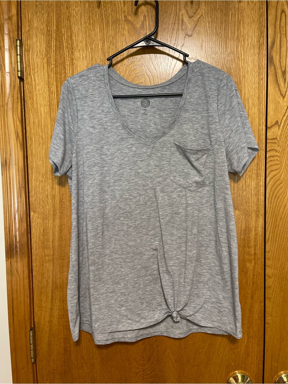 SO Heather Gray V-Neck Short Sleeve Tee with Front Pocket and Knot